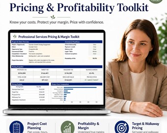 May include: A digital Professional Services Pricing & Profitability Toolkit displayed on a laptop screen, featuring detailed project cost planning, margin analysis, and pricing strategy tables, accompanied by an Excel toolkit and quick start guide.