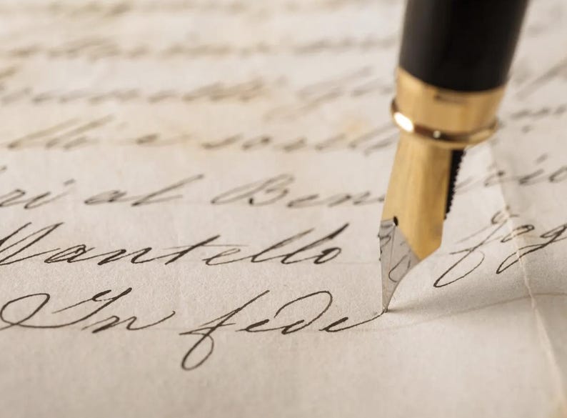 Puede incluir: Primer plano de una pluma estilogr&aacute;fica con plum&iacute;n dorado escribiendo sobre papel envejecido. La pluma es negra con detalles dorados. El papel presenta escritura manuscrita en tinta negra, con cursiva elegante.