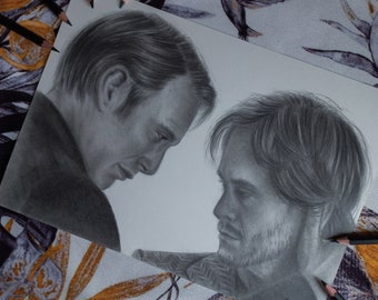 Hannibal Lecter Will Graham original portrait drawing pencil fanart Mads Mikkelsen Hugh Dancy