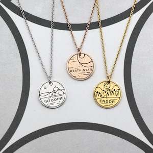 Personalisierte Star Wars Planet Halskette, Galaxy Heimatwelt Planet Benutzerdefinierte Star Wars Death Star Name Halskette, Tatooine, Endor, Star Wars Fan