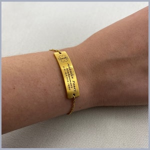 May include: Gold medical ID bracelet with a star of life symbol and the text "Natalie Peers,  Allergies, ICE 123-456-7890".