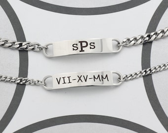 Personalized Name Bracelet, Custom Cuban Chain Initials Bracelet, Stainless Mens Bracelet, Couples Bracelet, Roman Numerals Anniversary Gift