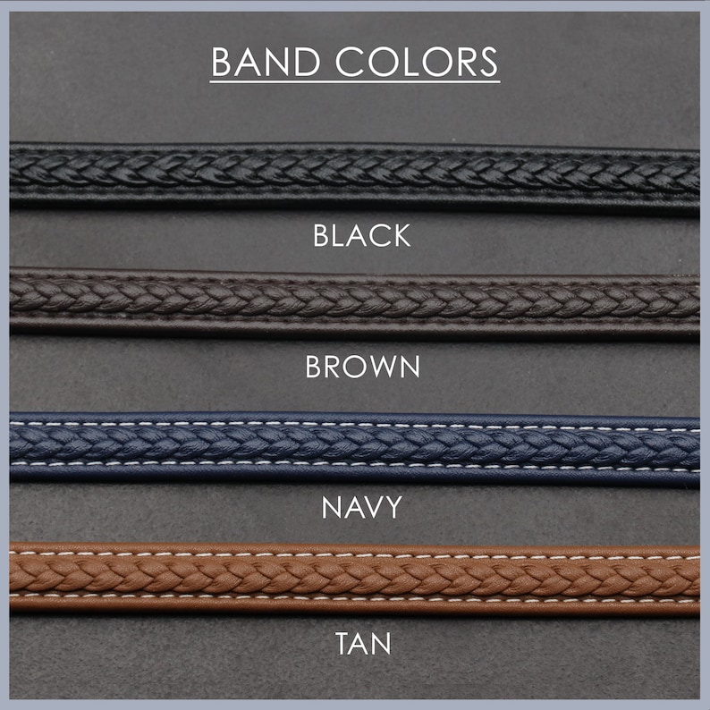 May include: Four different colored watch bands: black, brown, navy, and tan. The bands are all braided and have a stitched edge.