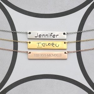 Handwriting Jewelry, Custom Engraved Necklace, Horizontal Name Bar Necklace, Wedding Date Roman Numerals Necklace, Personalized Gift for Her