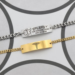 Alert Medical ID Cuban Bracelet Gloss Womens Personalized Medical Bracelet Mens Allergy Alert Diabetic Bracelet Epilepsy Teen Medical ID