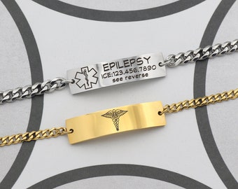 Alert Medical ID Bracelet Personalized Cuban Medical Bracelet Mens Womens Allergy Alert Diabetic Bracelet Epilepsy Medical Bracelet Kids ID