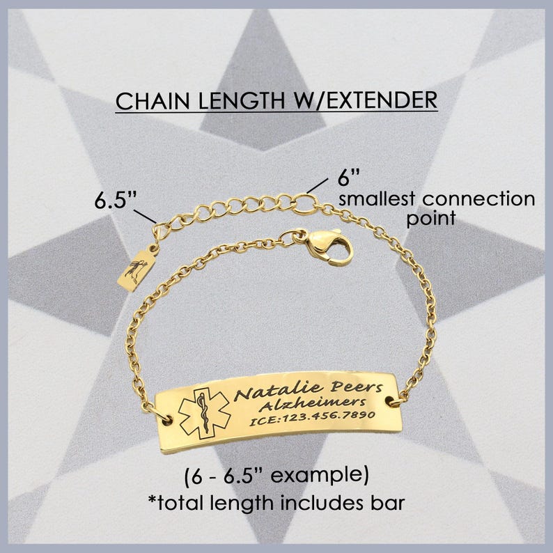 May include: Gold chain bracelet with an extender, measuring 6.5 inches long. The bracelet has a personalized bar with the text "Natalie Peers Alzheimers ICE:123.456.7890" and a medical star symbol.