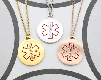 Medical Necklace, Star of Life Diabetes Alert ID Necklaces for Men Women, Kids Medical Disc Jewelry, Autism Medical, Prescription Necklace