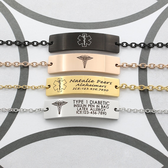 Medical Alert Bracelet Gloss, Personalized Medical Id Bracelet Women, Medical Jewelry Bar Bracelet Mens, Allergy Alert, Emergency Bracelet