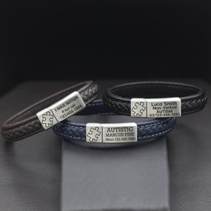 Medical Alert Autism Bracelet Id, Autism Awareness Personalized Leather Bracelet, I am Autistic Emergency Bracelet, Asperger&#39;s Syndrome