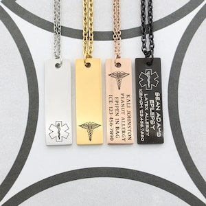 Brillant de collier d&#39;identification médicale personnalisé, collier d&#39;alerte diabétique, collier de barre de bijoux médicaux, alerte d&#39;allergie, collier d&#39;identification médicale, identification de médicament