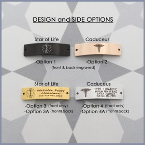 May include: Four different options for medical alert tags. The first two options are blank, one black with a Star of Life symbol and the other gold with a Caduceus symbol. The third option is gold with a Star of Life symbol and the text "Natalie Peers Alzheimers ICE:123.456.7890". The fourth option is silver with a Caduceus symbol and the text "TYPE 1 DIABETIC INSULIN PEN IN BAG LATEX ALLERGY ICE:123-456-7890".