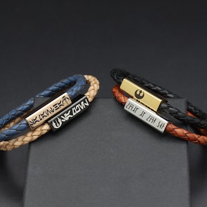 Leather Braided Star Wars Aurebesh Bolo Mens Bracelet, Mandalorian Womens Leather Bracelet, Jedi Rebel Stainless Magnetic Bracelet, Fan Gift