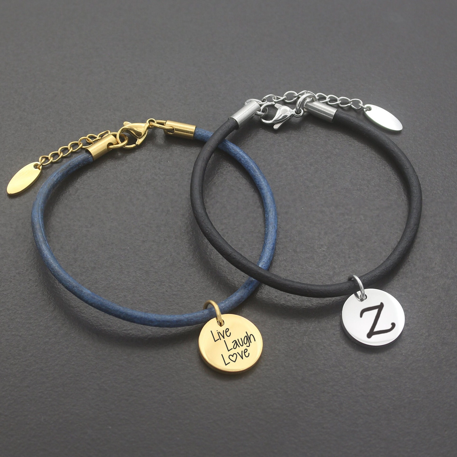 Personalized Leather Charm Bracelet, Initial Bracelet, Leather Cord Bracelet, Initial Bracelet, Mom Daughter Bracelet Gift, Best Friend Gift