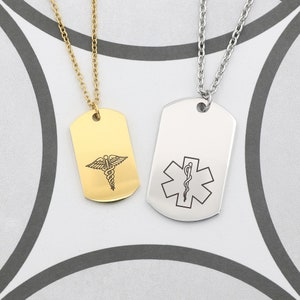 Personalized Medical ID Necklace, Medical Alert Dog Tag Necklace, Mens Medical Jewelry Necklace, Allergy Alert, Autism Necklace, Medications