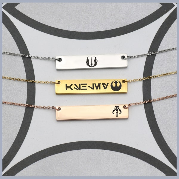 Colar com nome em Aurebesh de Star Wars, Colar personalizado com símbolo da Ordem Jedi e da Aliança Rebelde de Star Wars, Joia para fãs de Star Wars, Império Galáctico Sith