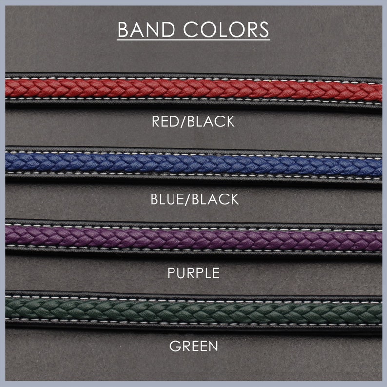May include: Four different watch band colors: red/black, blue/black, purple, and green. The bands are braided and have a black backing.