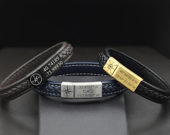Pulseira de couro com coordenadas geográficas para homens e mulheres, pulseira personalizada com localização, presente de aniversário, presente para o pai, presente para o marido, onde tudo começou.