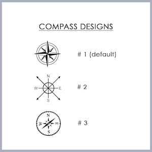 May include: Three different compass designs. The first compass has a starburst design with points facing north, south, east, and west. The second compass has a circle with lines extending to north, south, east, and west. The third compass has a circle with a compass rose inside.