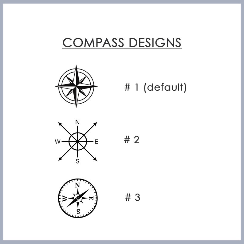 May include: Three different compass designs. The first compass has a starburst design with points facing north, south, east, and west. The second compass has a circle with lines extending to north, south, east, and west. The third compass has a circle with a compass rose inside.