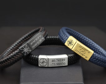 Coordinates Bracelet for Men, Womens Stainless Leather GPS Bracelet, Personalized Location Bracelet, Dad Custom Bracelet, Gift for Him