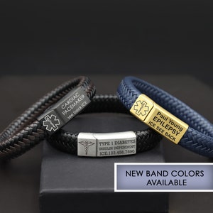 Bracelet médical en cuir, ID d&#39;alerte, Bracelet pour homme pour diabète, Bracelet médical d&#39;urgence contre l&#39;épilepsie, Bracelet médical personnalisé pour femme, Allergies