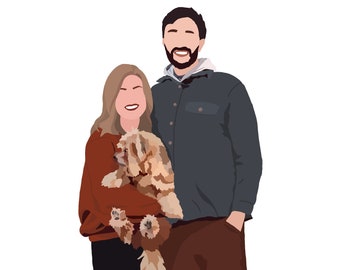May include: A couple poses for a photo with their small, light brown dog. The woman is wearing a red sweater, black pants, and red boots. The man is wearing a blue button-down shirt, brown pants, and brown shoes.