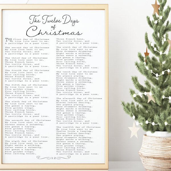 DIGITAL PRINT, 12 Days of Christmas Print, Christmas Printable, Living Room Wall Art Print, Song Lyrics Wall Art, Christmas Digital Download