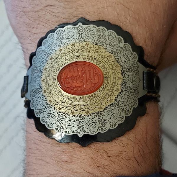 Real Aqeeq Agate Engraved Bezel on Natural Leather Wristband Ya Aba Abdillah , 14 Masoom& Ayatul Kursi "یا ابا عبد الله . ایه نور ایه الکرسی