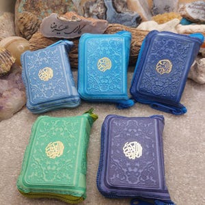 Può includere: Un assortimento di custodie colorate con cerniera, ognuna con un design in rilievo e un emblema dorato. Le custodie sono in tonalità di blu, verde e viola. Sono disposte su una superficie con pietre naturali sullo sfondo.