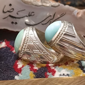 Real Feroza Nishapuri Untreated Natural Persian Turquoise Firoozeh Neyshaburi 925 Silver Hand made Ring Hand Crafted Mount