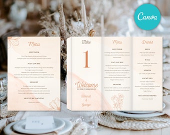 Könnte beinhalten: Eine Hochzeitskarte mit einem Pfirsichhintergrund und floralen Akzenten. Das Menü umfasst Vorspeisen, Hauptgericht, Dessert und Signature-Cocktails. Die Tischnummer ist 1. Der Text lautet "Willkommen zur Hochzeit von Hannah & George".