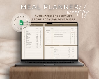 May include: A laptop computer displaying a meal planner spreadsheet with a grocery list and a weekly meal plan. The spreadsheet is titled "Automated Grocery List" and "Recipe Book for 500 Recipes". The meal plan includes a list of ingredients for Monday's meals, including "Apple & Pear Overnight Oats", "Crispy Parmesan Chicken", and "Chocolate Chip Cookies".