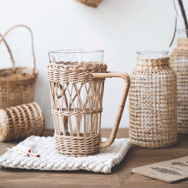 A Vintage HandWoven Rattan Glass Cover With Stylish Rattan Handle | Rattan Sleeve | Home Style | Kitchen Style