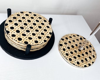 Black Rattan Coasters | Coaster Holder INCLUDED  |  Set of Four | Home Fashion | Original | Drink Coaster | Rattan Coaster | Unique Homeware