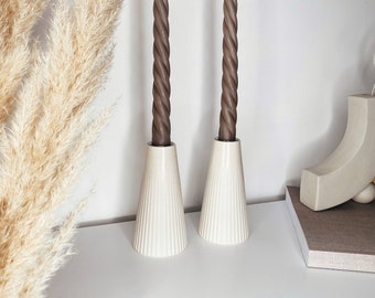 Pleated Beige Bamboo Candle Holders | Neutral Home Decor
