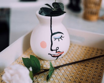 White Bulb Ceramic Matte Abstract Face Vase Art / Painting / Home Decor / Home Ornament
