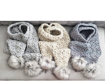 Chunky Crochet Scarf with Optional Faux Fur Pom Poms • Crochet Scarf • Thick Crochet Winter Scarf • Pom Pom Scarf