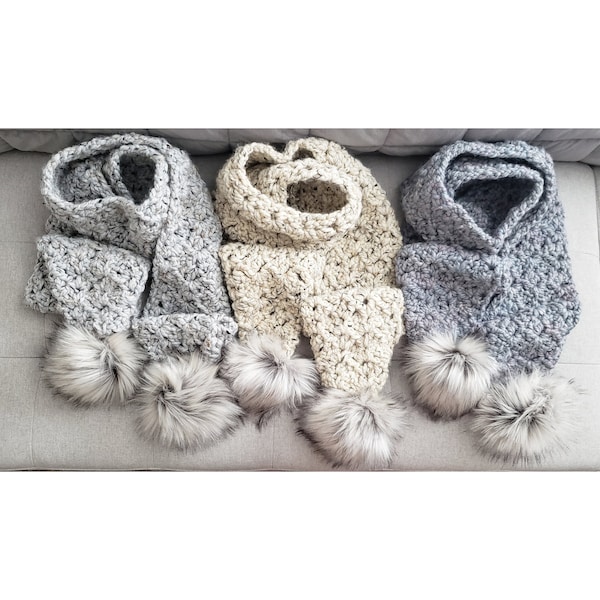Chunky Crochet Scarf with Optional Faux Fur Pom Poms • Crochet Scarf • Thick Crochet Winter Scarf • Pom Pom Scarf
