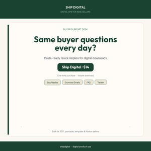 May include: A digital product listing titled Ship Digital for indie sellers. The text reads: Buyer Support Desk, Same buyer questions every day?, Paste-ready Quick Replies for digital downloads, Ship Digital, One-time purchase, Instant download, Etsy Replies, Gumroad Emails, FAQ, Tracker, Built for PDF, printable, template & Notion sellers.