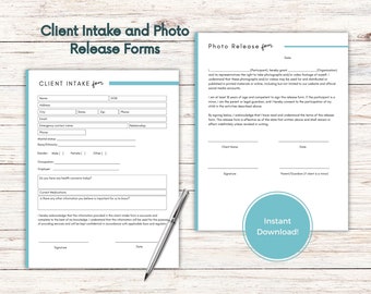 May include: A printable client intake and photo release form. The form includes sections for personal information, health concerns, and a photo release agreement. The form is designed for use by businesses or individuals who need to collect information from clients and obtain permission to use their image.