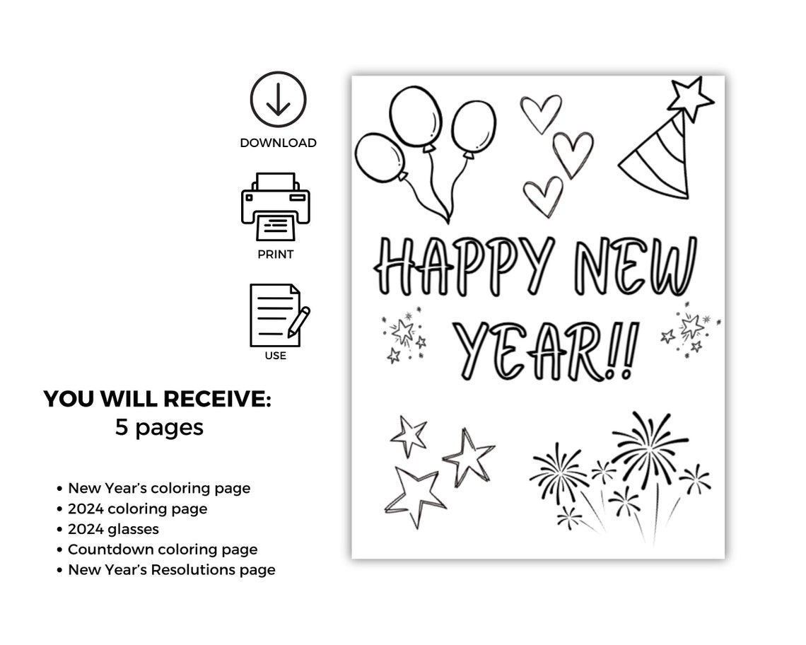 Kids New Year's Bundle, New Year's Coloring Pages, 2024 Glasses, Kids