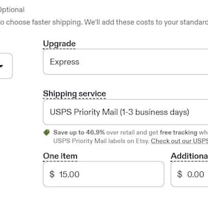 May include: A digital interface for shipping upgrades featuring dropdown menus for destination and service selection. It includes text fields for one item and additional item costs, a trash icon, and informational text regarding USPS Priority Mail.