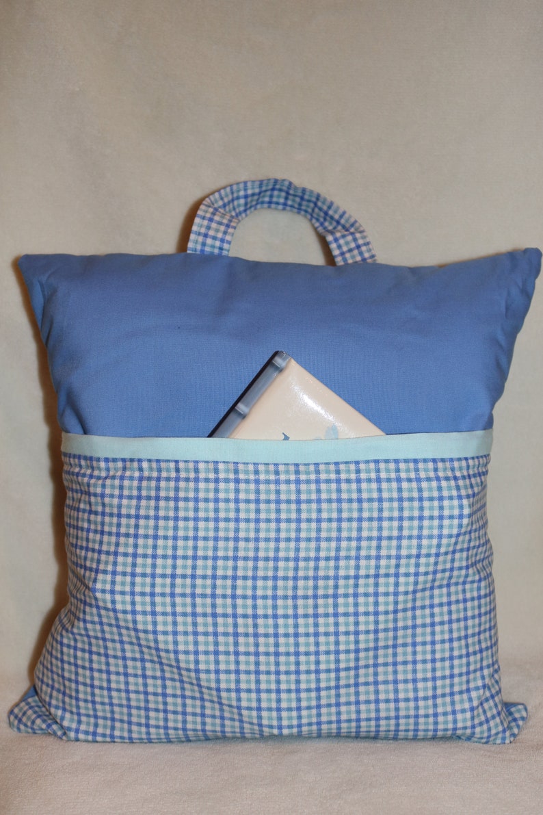 Cotton Pocket Reading Pillow \u2013 Blue Checkered