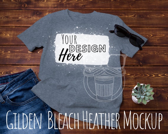 Bleached T-Shirt Mockup | Gildan Softstyle 6400 Heather Indigo Blue | Rectangle Bleach T-shirt