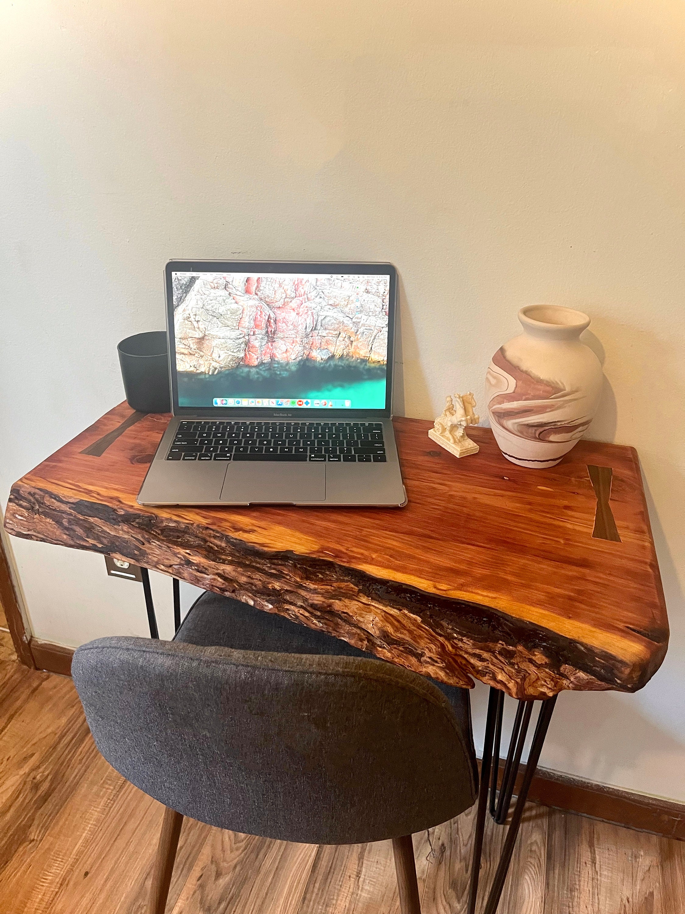 Live Edge Red Cedar Desk W/ Walnut Inlay Keys Etsy
