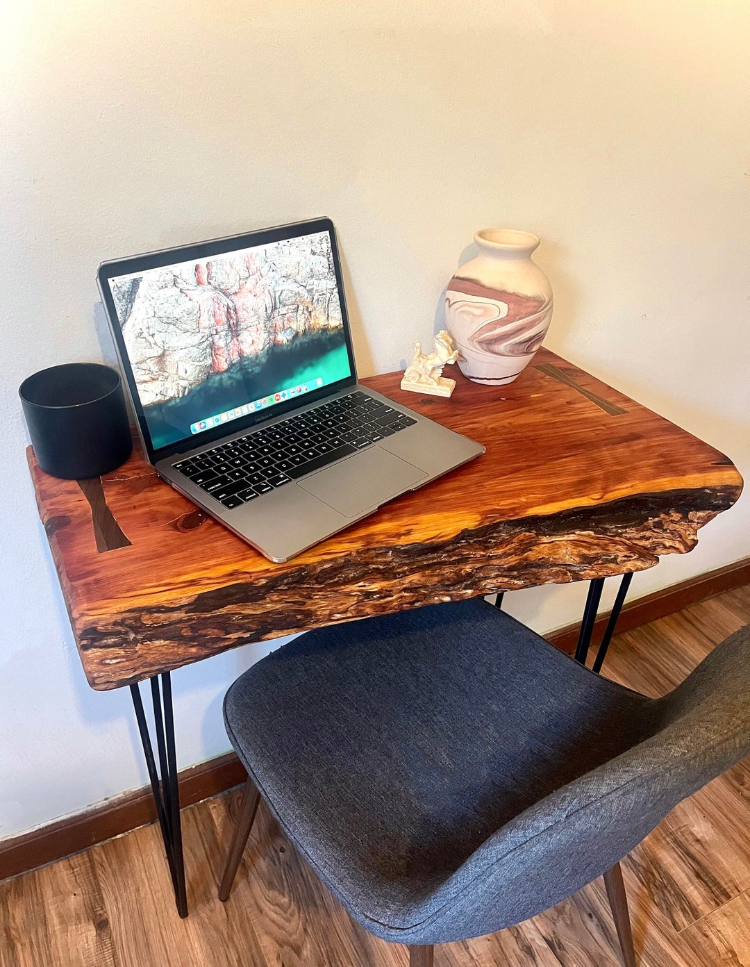 Live Edge Red Cedar Desk W/ Walnut Inlay Keys Etsy