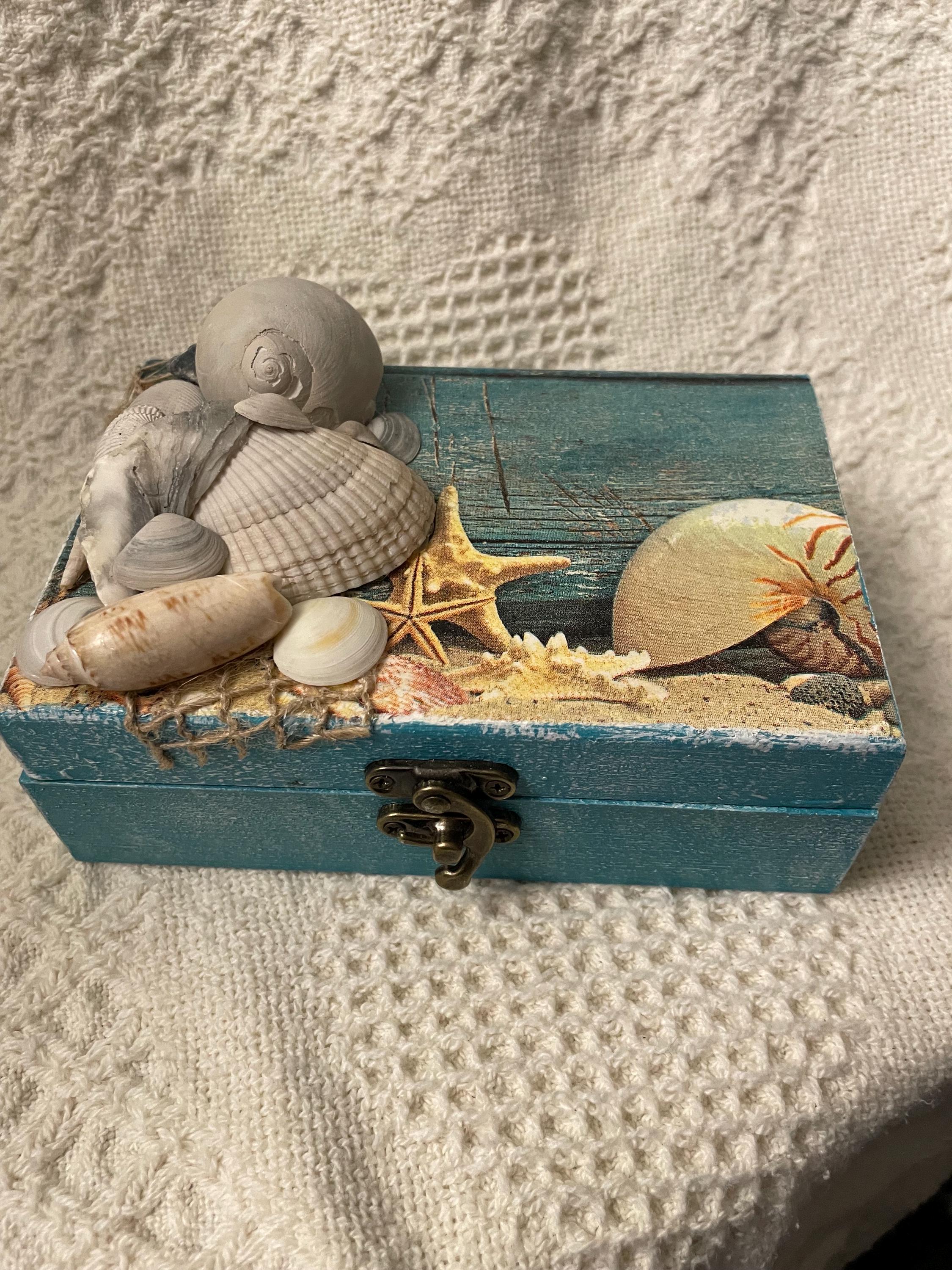 Decoupaged Seashell Themed Wooden Jewelry/trinket Box - Small