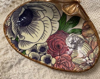 Decoupaged Shells -  Clam shell with mixed watercolor floral pattern