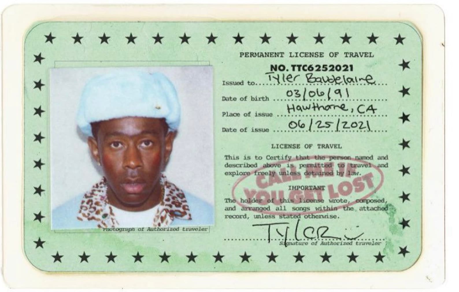 Call me if you get lost ID card/license Tyler the Creator Etsy